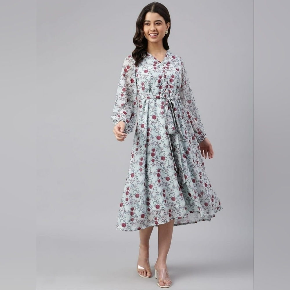 NWT Janasya Indian Women's Sea Green Georgette Floral Print A-Line Western Dress